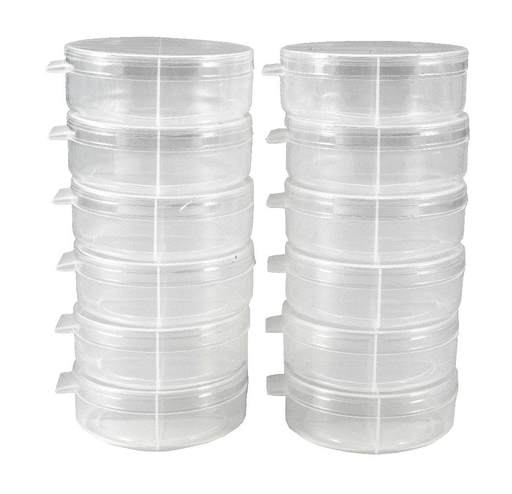 New Phase 12 Count - Clear 4-Way Divided Round Plastic Containers w/ Attached Lids - Shuttle Cups #1626