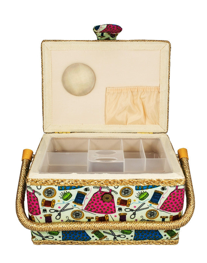 Tidy Crafts Medium Size Fabric Covered Sewing Basket w/ Handy Insert Tray and Sewing Notions item 1474