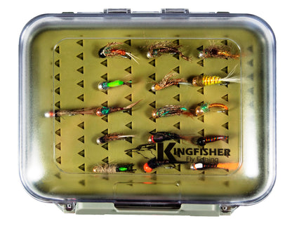 Large Barbless Tungsten Nymphs 16 pc's for Fast Streams In Deluxe Silicon Lined Fly Box