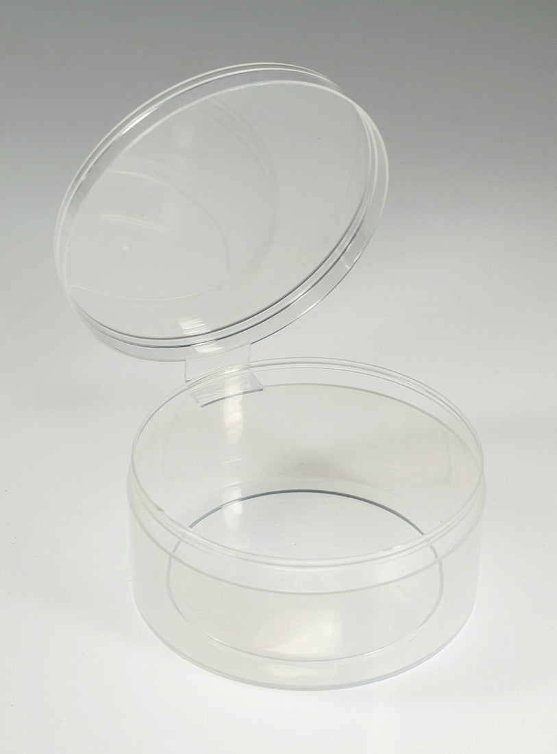 New Phase 75 Bulk Count -3" Large Round Plastic Containers w/ Attached Lid - #3387