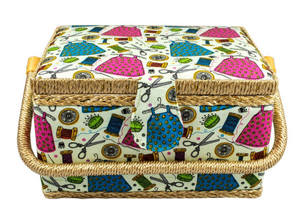 Tidy Crafts Medium Size Fabric Covered Sewing Basket w/ Handy Insert Tray and Sewing Notions item 1474
