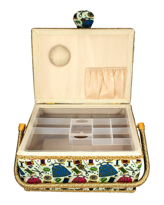Tidy Crafts Large Fabric Covered Sewing Basket w/ Handy Insert Tray and Sewing Notions  Item 1475